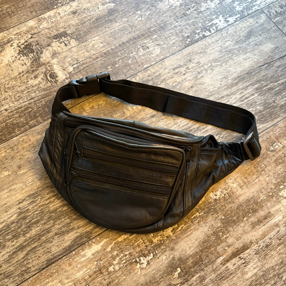 Toni Vintage Leather Fanny Pack Black Multi Zip Belt Bag Adjustable Strap